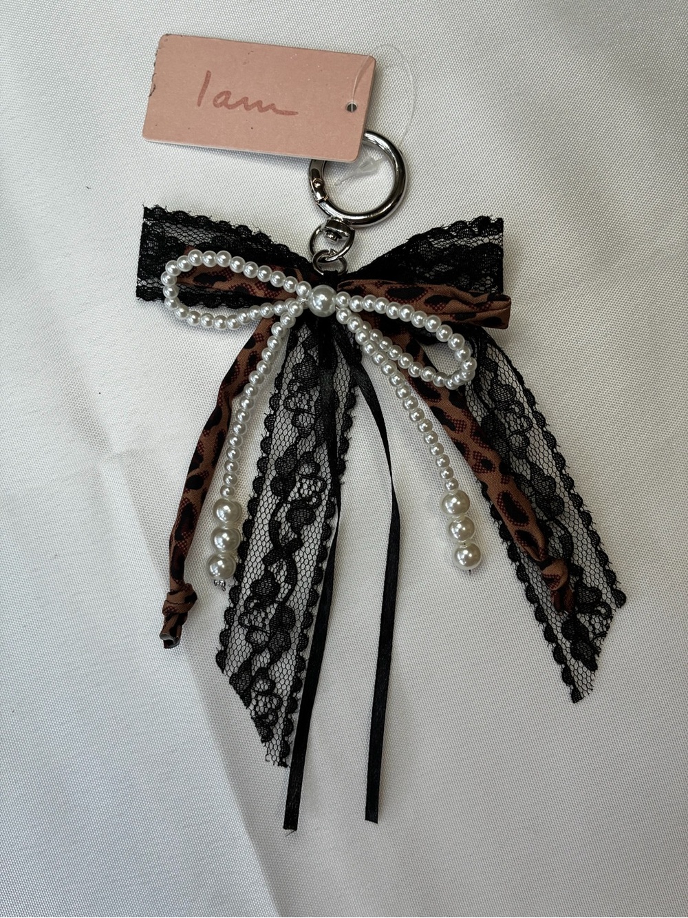 Charlotte Russe Black Lace & Brown Leopard Pearl Bow Keychain Bag Charm - Picture 3 of 3